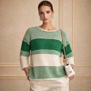 Elegant Striped Green and Cream Sweater